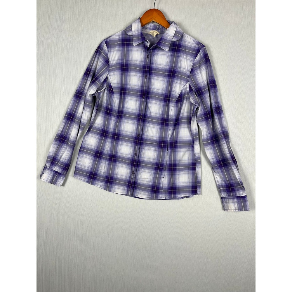 Duluth‎ Performance Hiking Fishing Shirt Womens L Purple Plaid Gussets Gorpcore